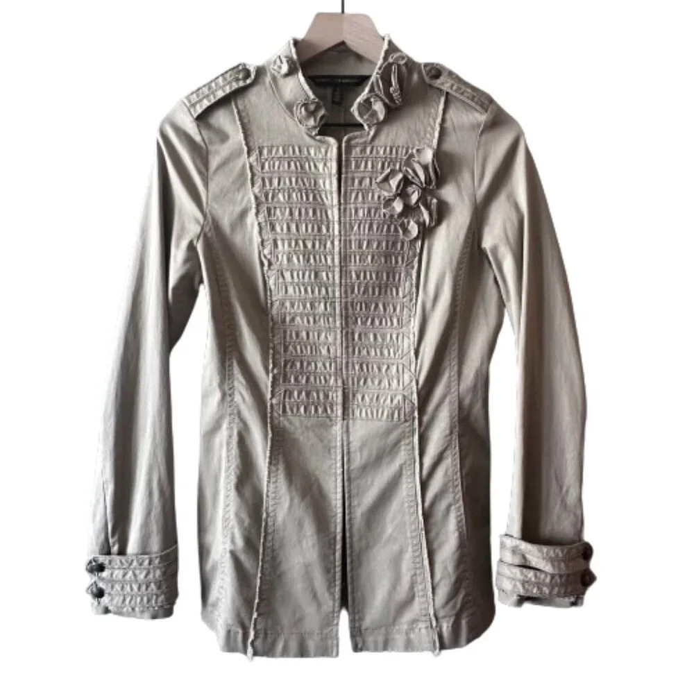 Women's 2 WHBM Tan/Khaki Military Tunic Jacket Embellished Rosette Epaulettes
